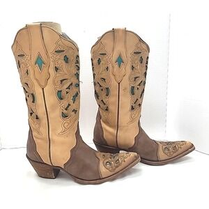Corral Vintage Boots Line Laser Tooled Cut Out W Turquoise Insets Sz 8.5 Cowgirl
